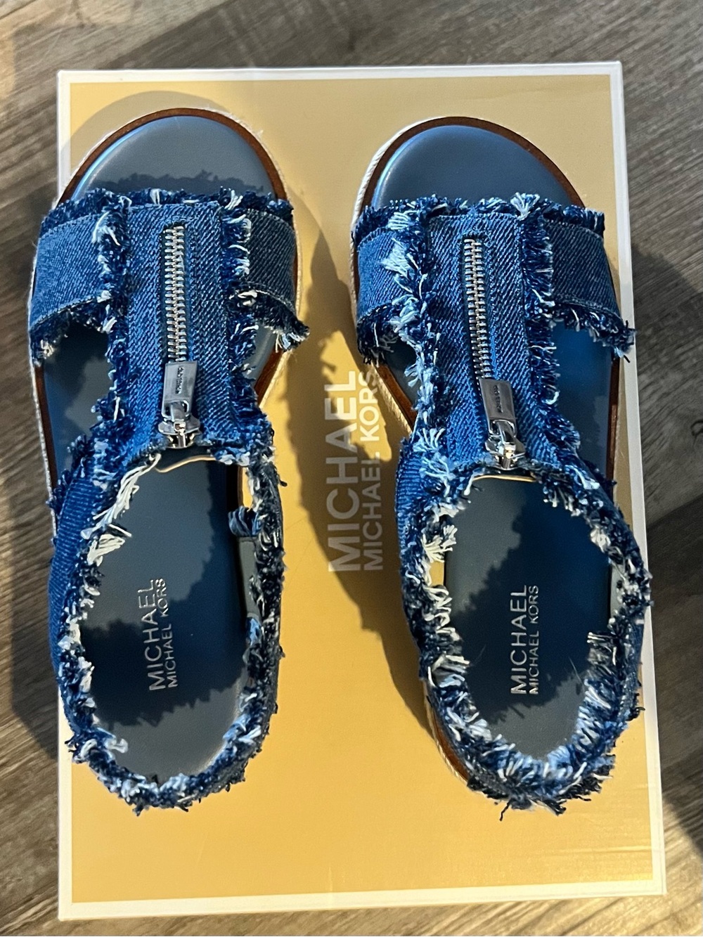 Michael Kors Blue Frayed Denim Espadrille Sandals with Front Zipper